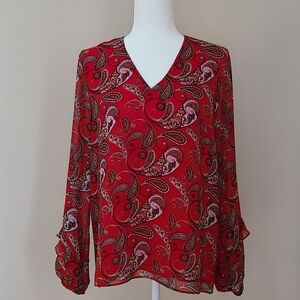 NWOT Calvin Klein Women's Red Paisley Long Sleeve Blouse Size Medium